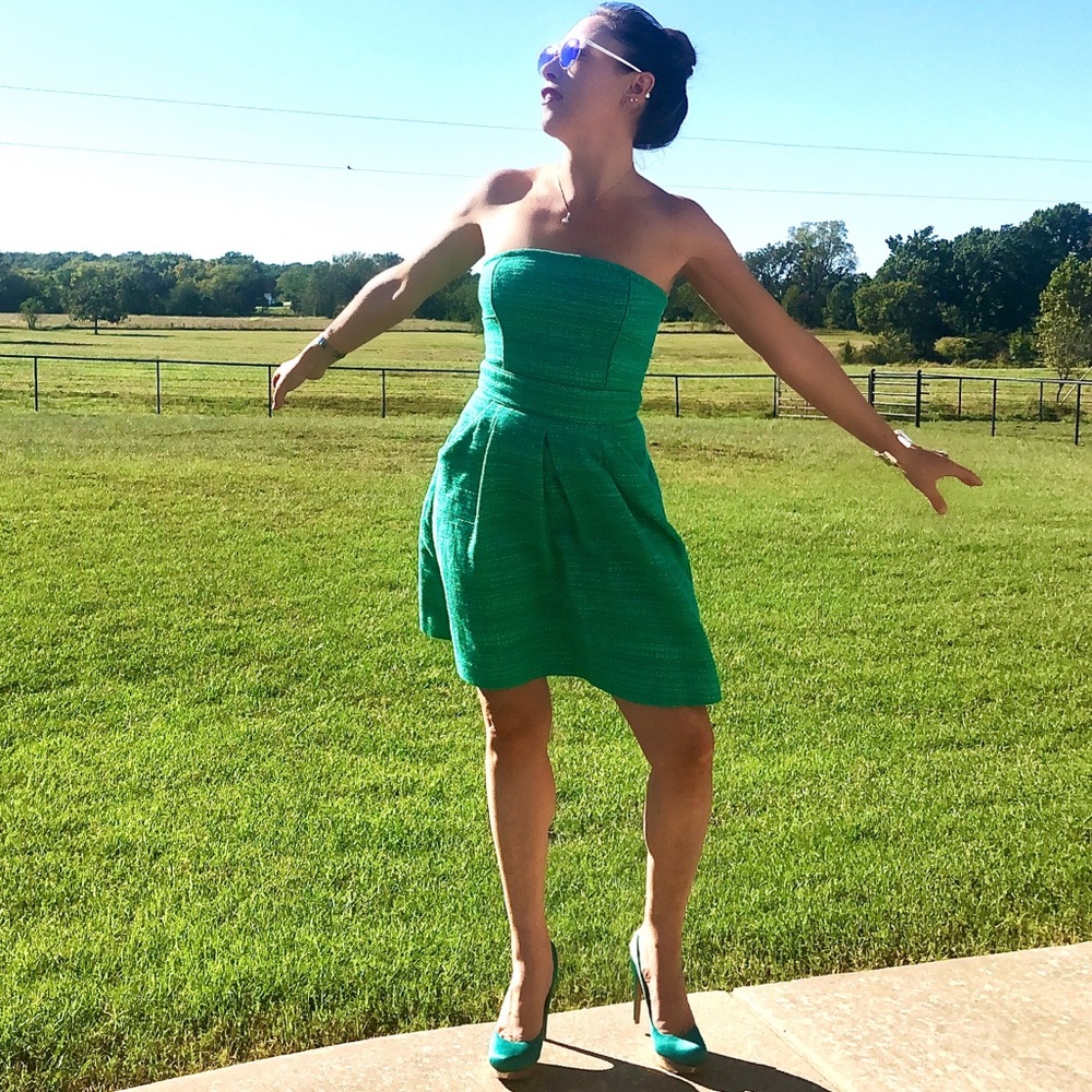 Emerald Green Tweed Strapless Dress